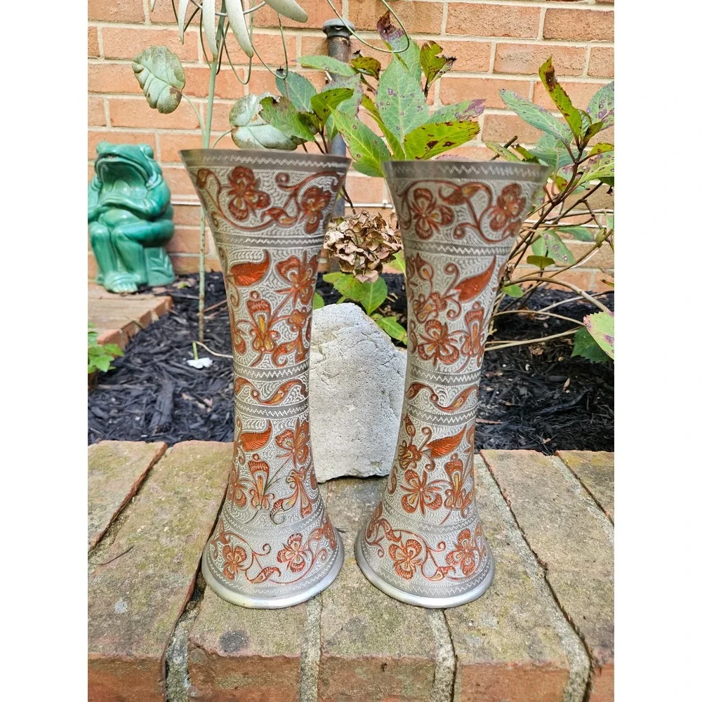 Vtg Pair of Silver-Tone Brass Trumpet Vases with Orange Floral Etchings, 9